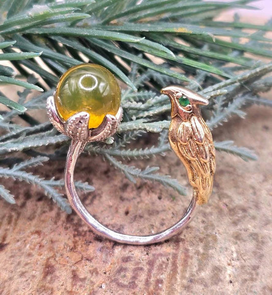 Genuine Mexico Blue Amber Sterling Silver Parrot Open Ring
