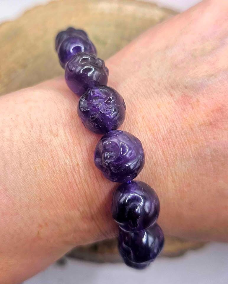 Rare Nature Amethyst Carved Happy Buddha Bead Bracelet