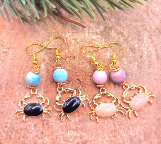 Gold Tone Enamel Crab With Nature Rainbow Stone Dangle Earring