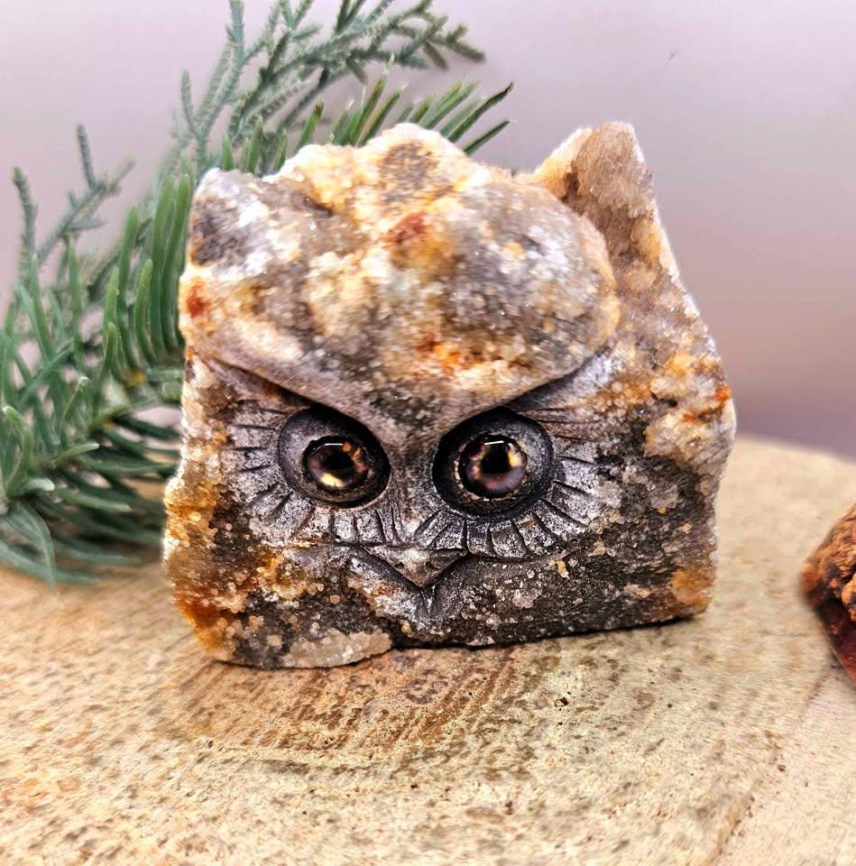 Nature Crystal Cluster Hand Carved Owl Decor Figure