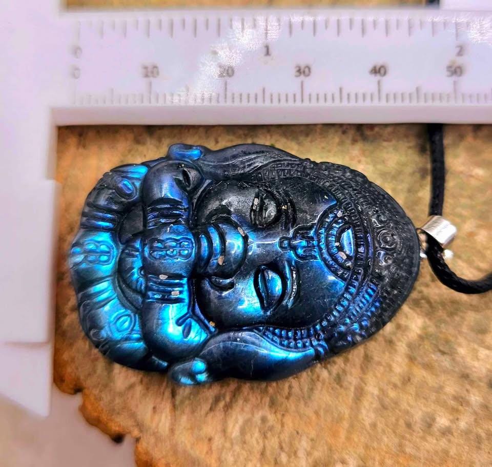 Nature Labradorite Flashy Carved Elephant God Ganesha Blessing Pendant Necklace
