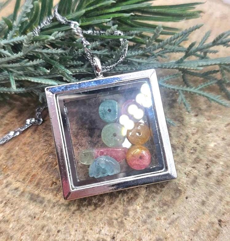 Nature Rainbow Tourmaline Beads Filled Silver Openable Floating Locket Pendant Necklace