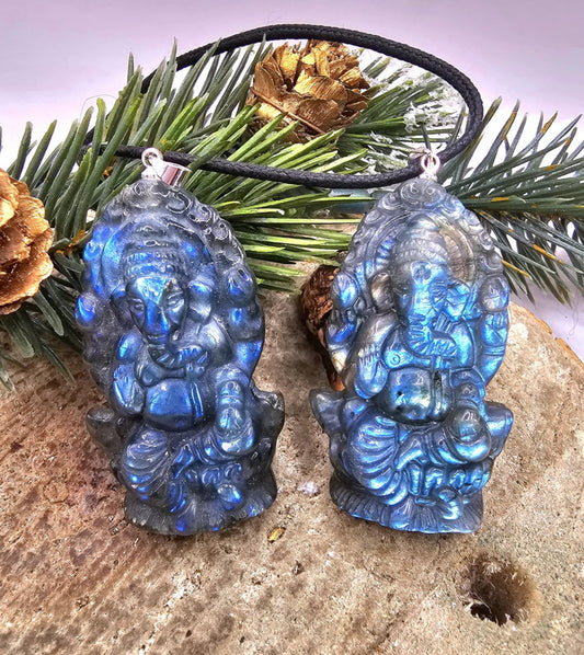 Nature Labradorite Flashy Carved Elephant God Ganesha Pendant Necklace