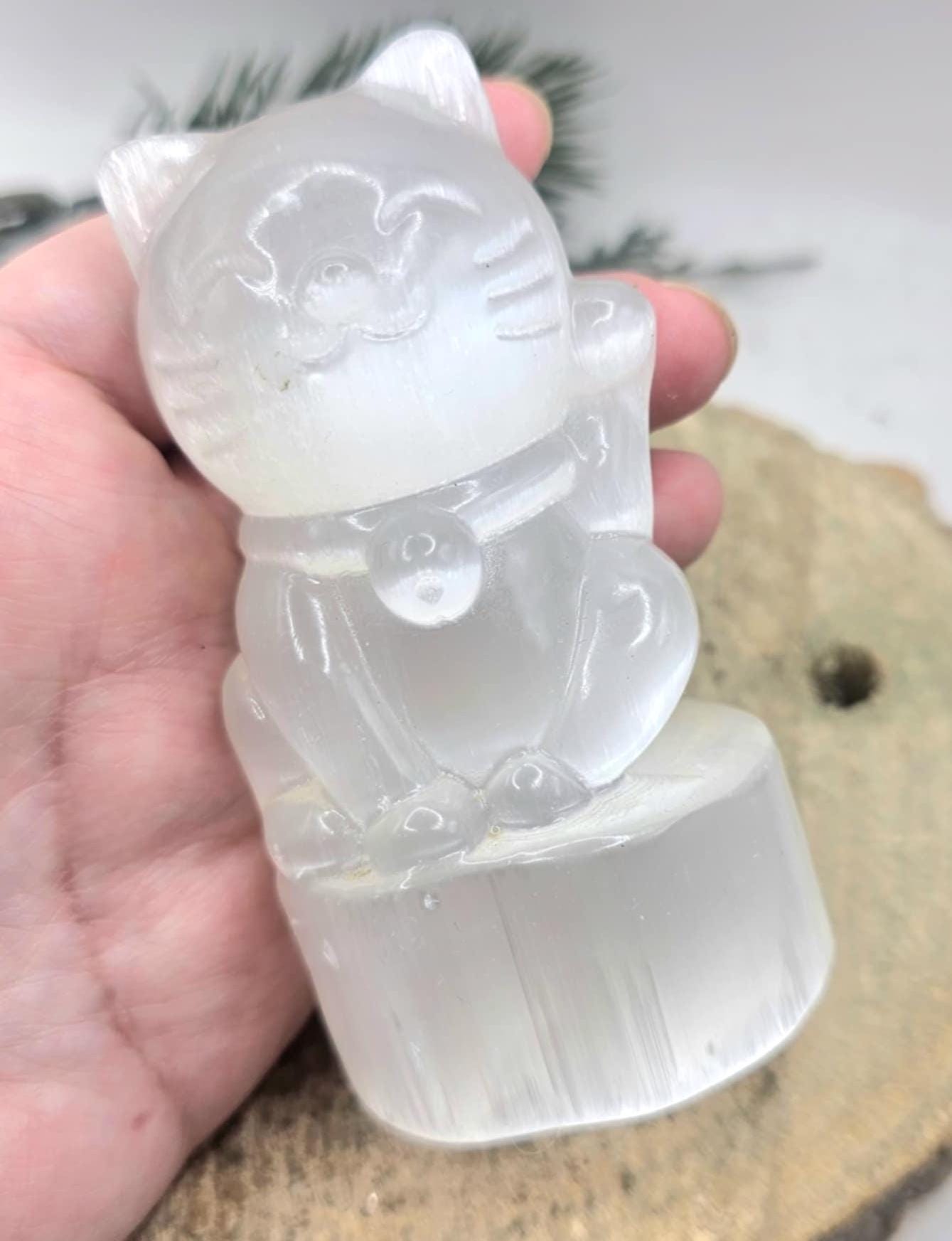 Premium Grade Nature Selenite Hand Carved 4" Fortune Cat Figure