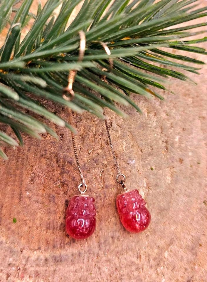 Nature Strawberry Quartz Hand Carved Pi Xiu Blessing Coin S925 Dangle Earring
