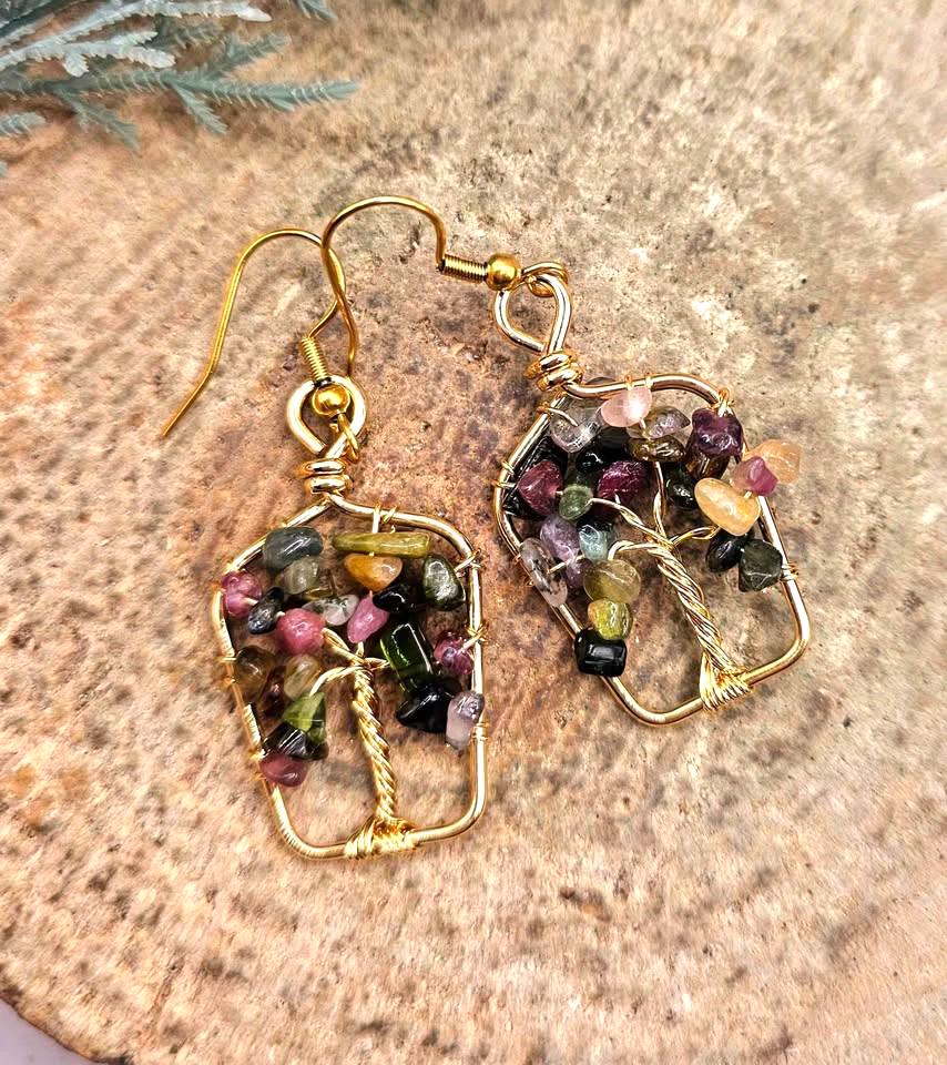 Nature Tourmaline Chips Tree of Life Earring