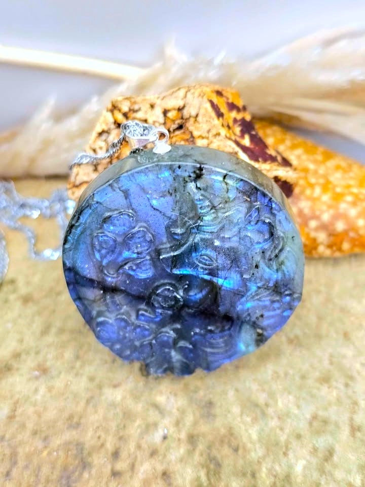 Natural labradorite unicorn and flowers pendant necklace — My Aura Gemstones