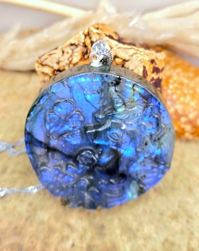 Natural labradorite unicorn and flowers pendant necklace — My Aura Gemstones