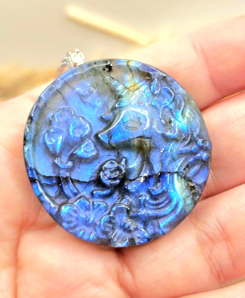 Natural labradorite unicorn and flowers pendant necklace — My Aura Gemstones