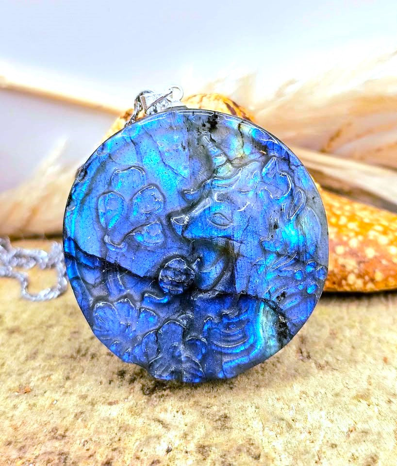 Natural labradorite unicorn and flowers pendant necklace — My Aura Gemstones