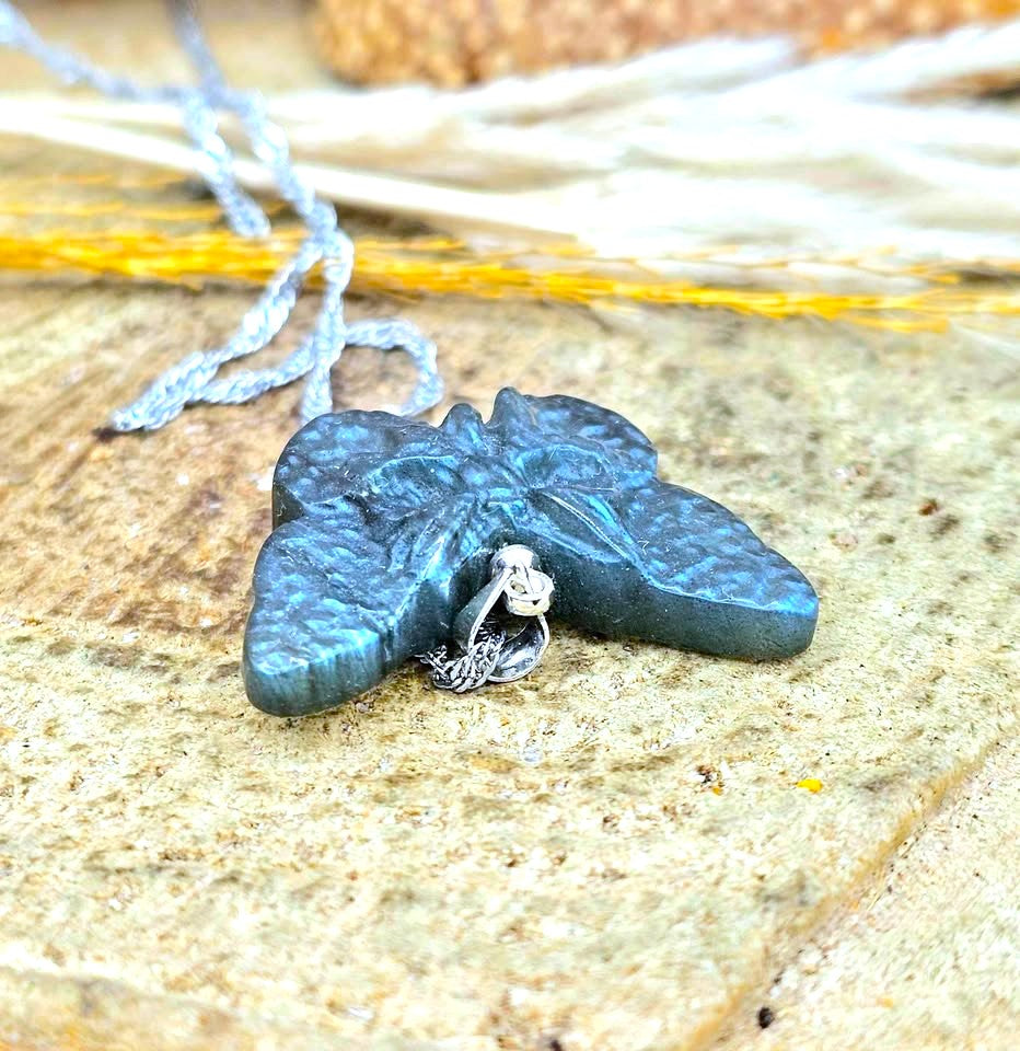Labradorite carved hidden skull butterfly pendant necklace top view — My Aura Gemstones