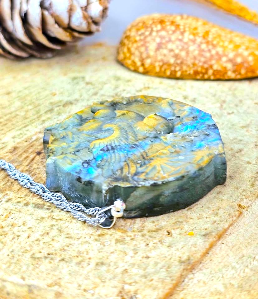 A round resin pendant necklace featuring a detailed fossil design in shades of blue, green, and gold, resting on a textured stone surface with a silver chain.