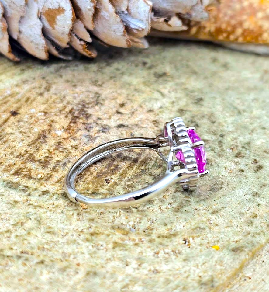 Pink Sapphire Faceted Ring Cocktail S925 Ring displays on wood slice-My Aura Gemstones