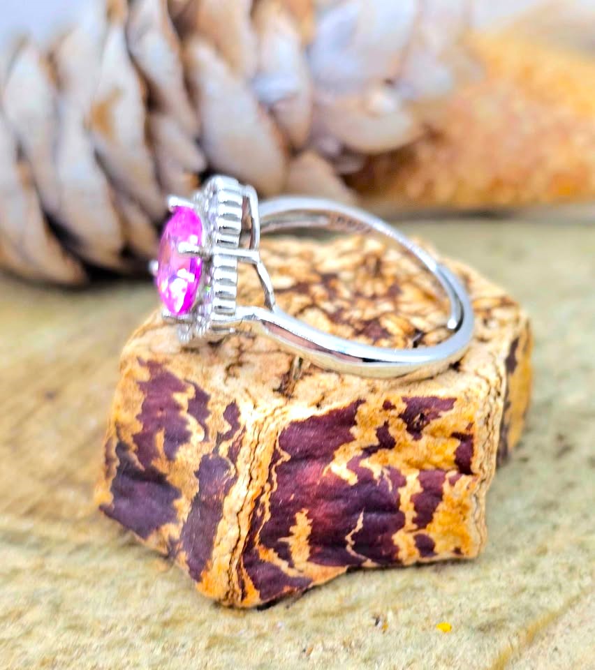 Pink Sapphire Faceted Ring Cocktail S925 Ring displays on wood slice-My Aura Gemstones