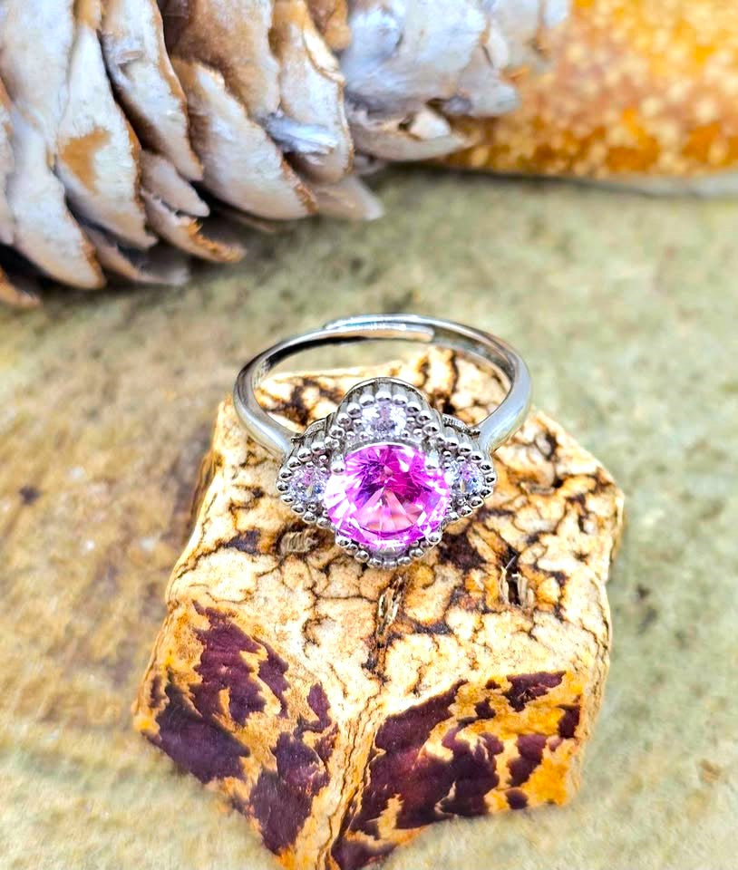 Pink Sapphire Faceted Ring Cocktail S925 Ring displays on wood slice-My Aura Gemstones