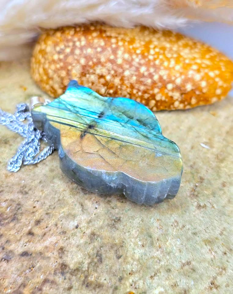 Labradorite Carved Owl & Skull Pendant – Flashy Blue Labradorite Necklace – 1.6" Unique Owl Holding Skull Design