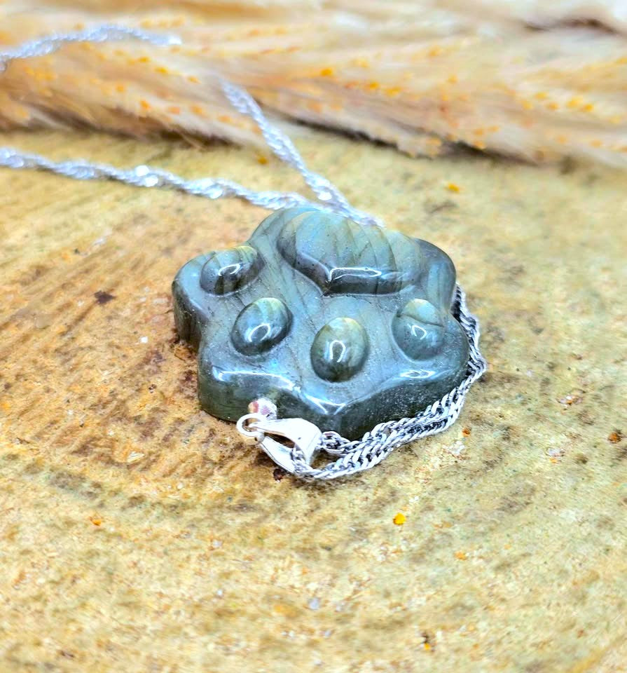 A carved paw print pendant necklace made of dark green stone with silver chain, resting on a textured sandy surface.