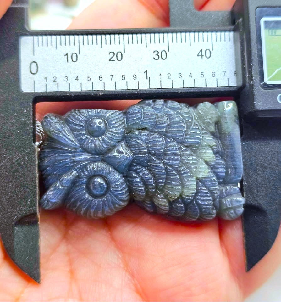 Labradorite Owl Pendant – 1.7" Carved Crystal Necklace with Strong Blue Flash