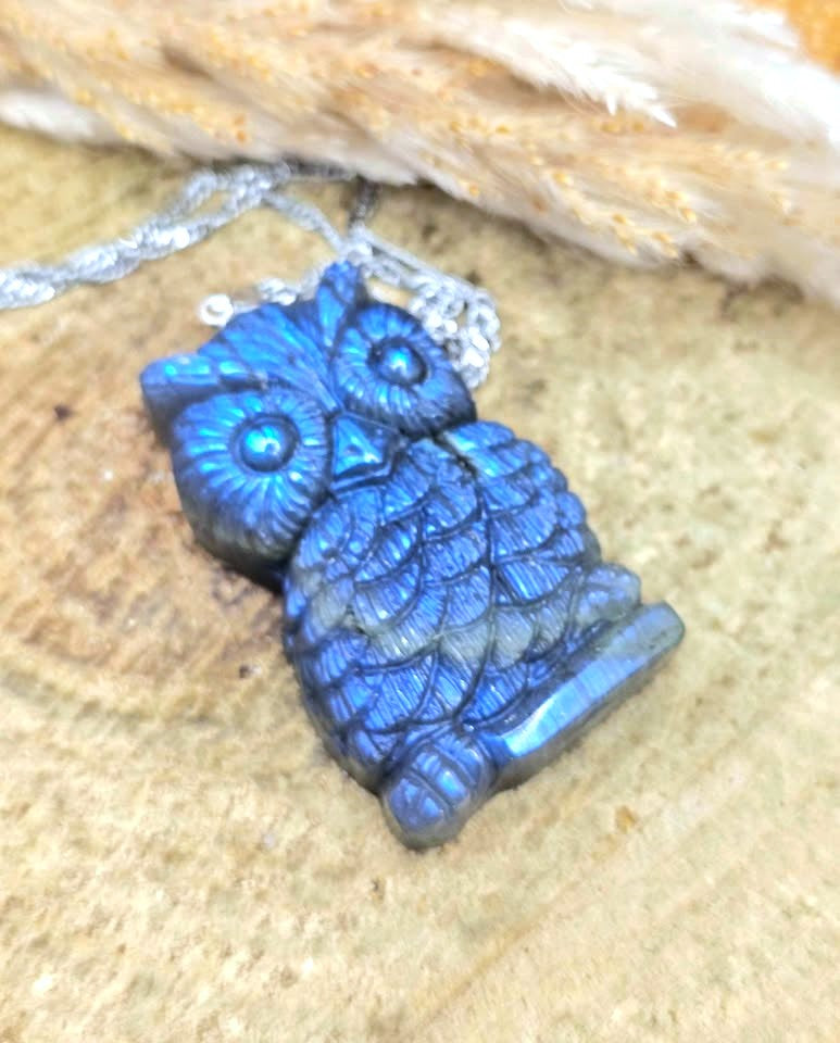 A carved blue owl pendant necklace with a silver-toned chain, resting on a textured beige stone surface with dried grass in the background.