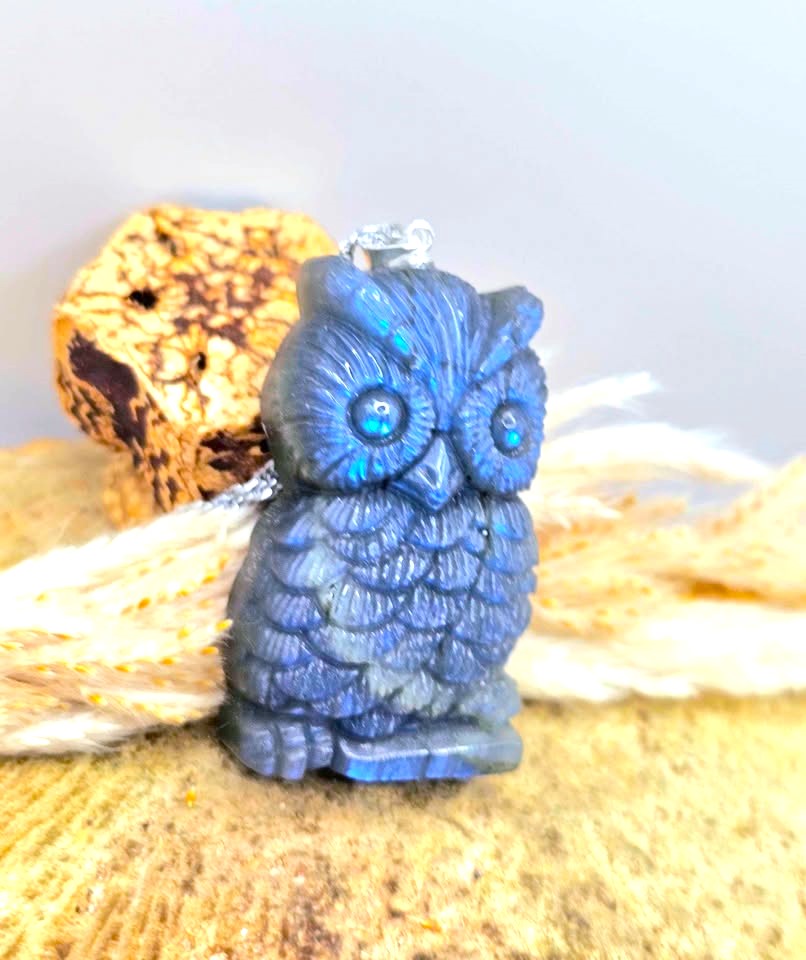 A carved blue owl pendant with sparkling blue stone eyes, shown on a textured beige surface with dried grass and a small decorative object in the background.