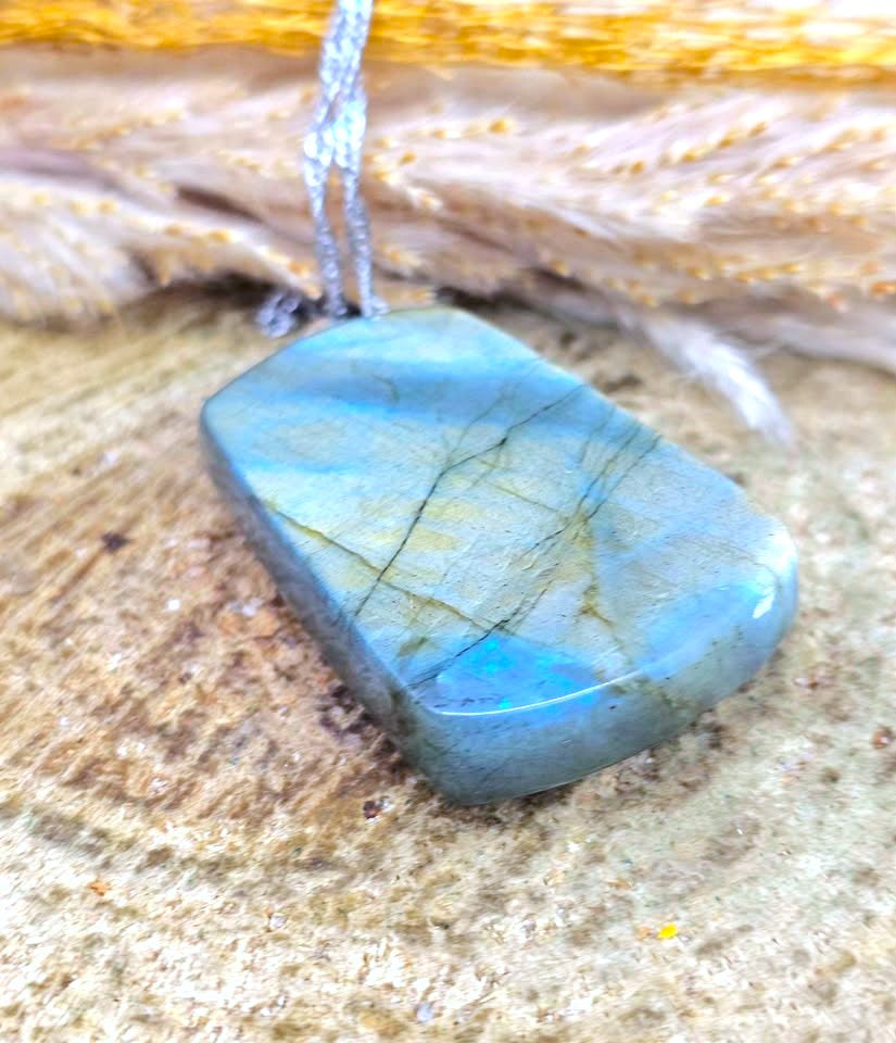 A polished labradorite stone pendant with a blue and green iridescent sheen, suspended on a silver cord, resting on a textured natural surface with dried grass in the background.