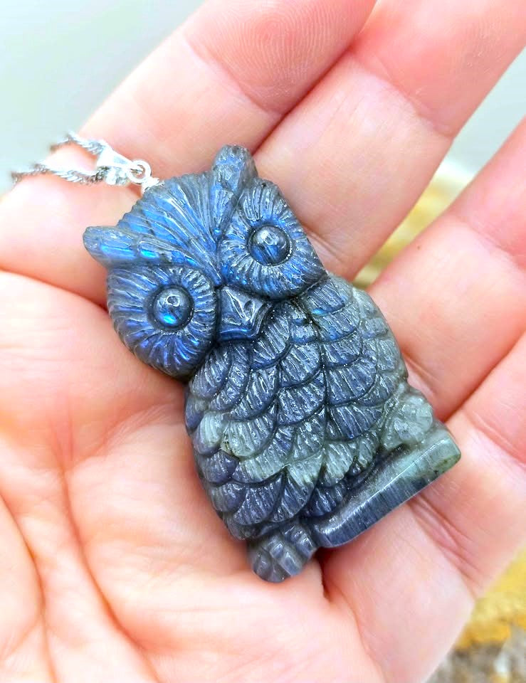 A carved owl pendant in a dark blue-gray stone, held in a person's hand. The pendant has detailed feather carvings and a silver bail with a chain visible at the top left.