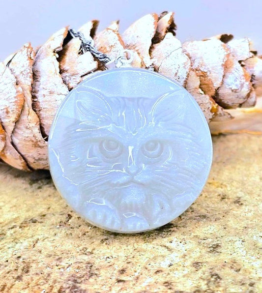 Labradorite or moonstone carved cat face pendant necklace, front view — My Aura Gemstones