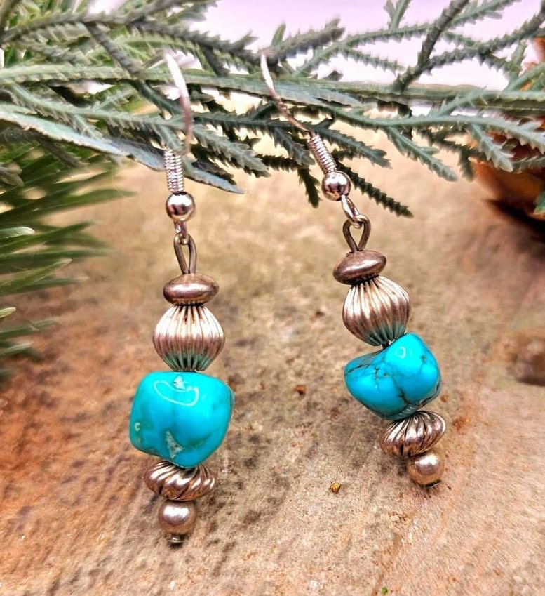Beautiful Nature Turquoise Raw Stone Sterling S925 Dangle Earring