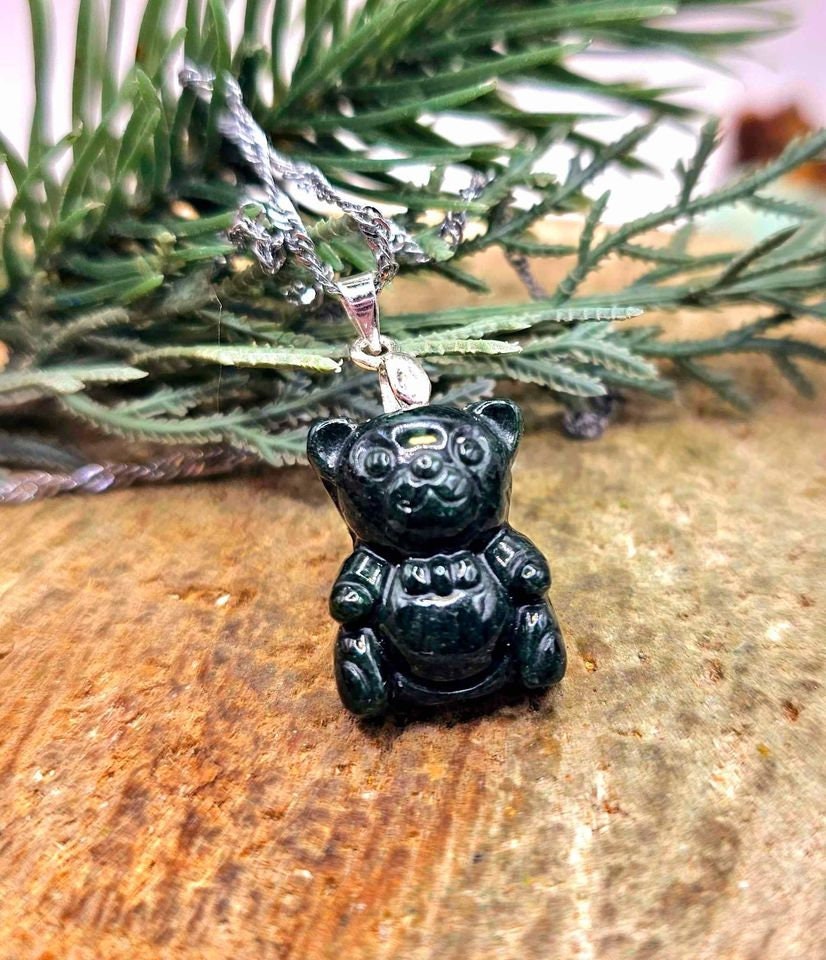 Certified Nature Dark Jade Carved Cute Bear With Bow Pendant Necklace