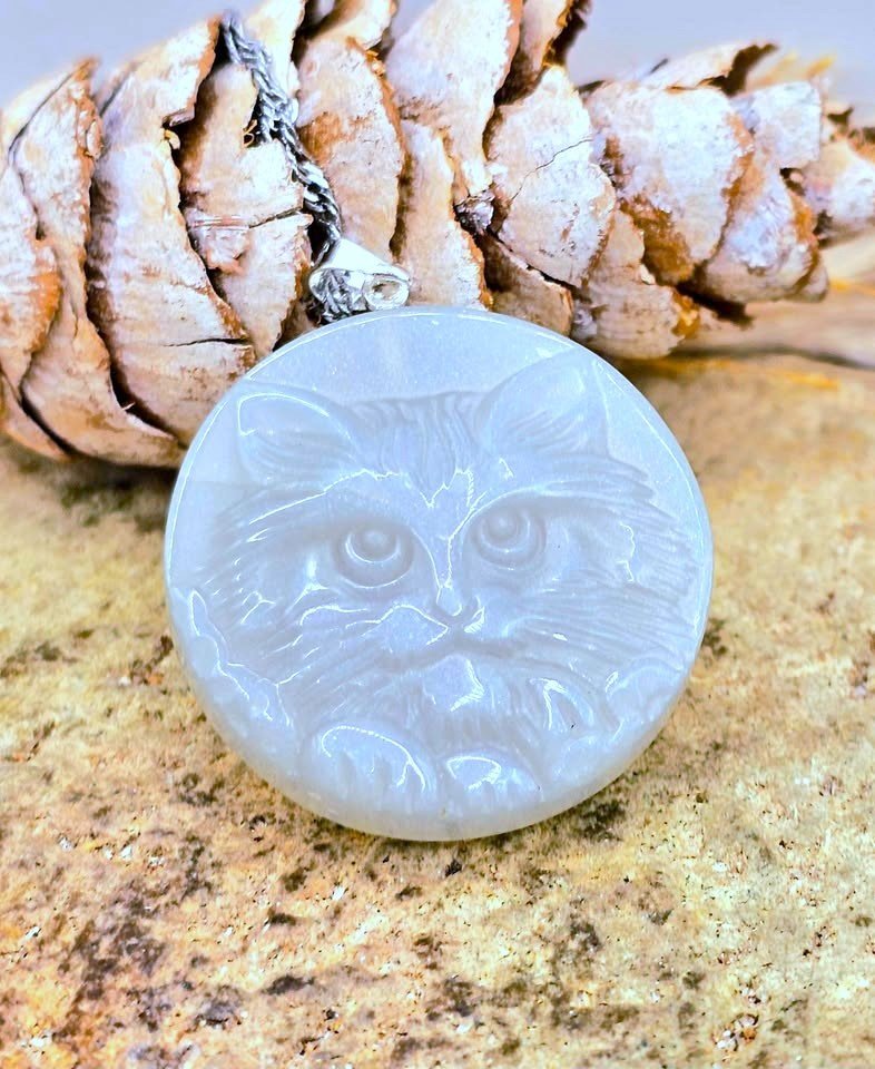 Natural stone cat face pendant necklace, back view — My Aura Gemstones