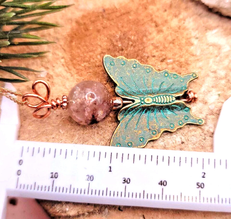Unique Nature Plum Blossom Rutilated Bead With Bass Butterfly Pendant Necklace
