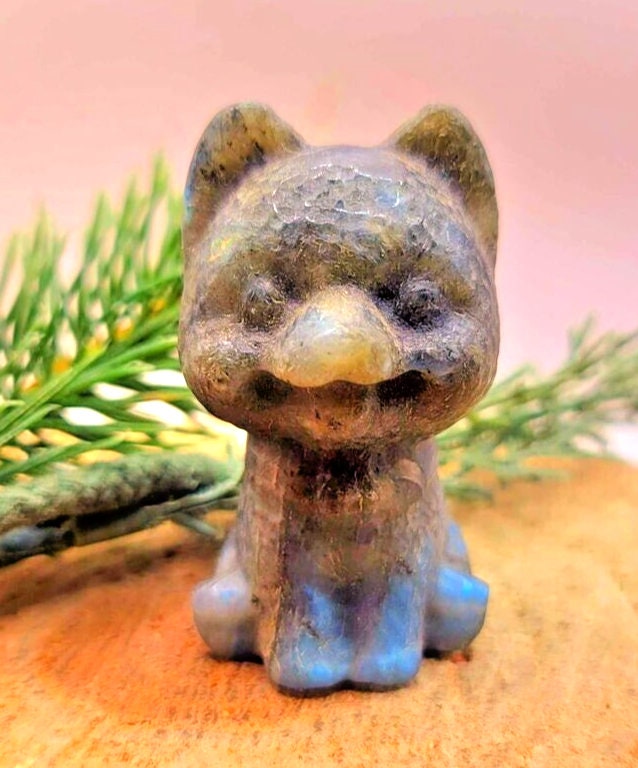 Adorable Nature Labradorite Hand Carved Happy Dog Big Figure
