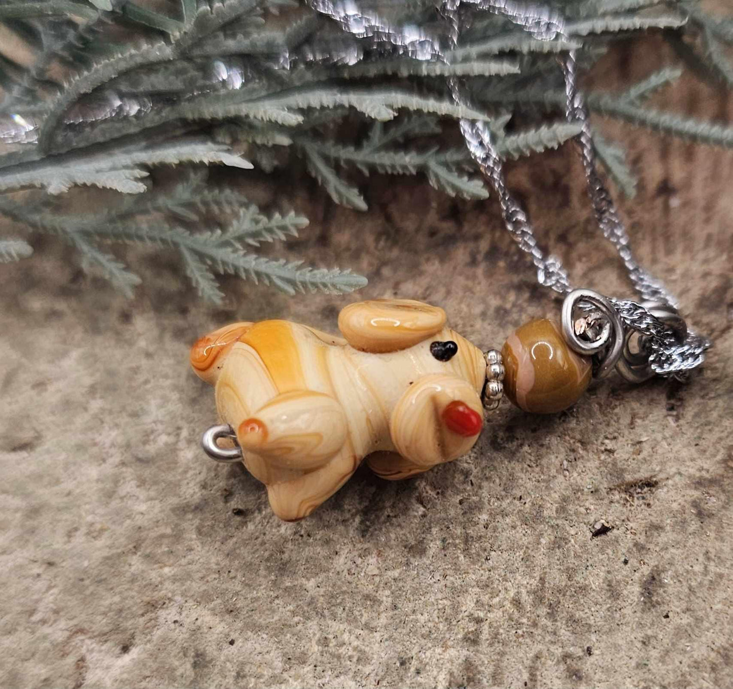 Cute Venetian Glass Hand Blown Dog & Agate Pendant Necklace