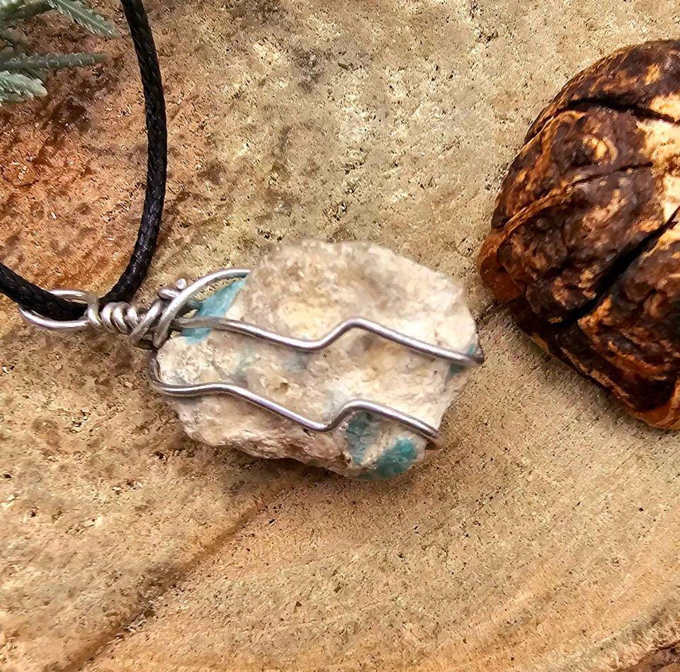 Nature Amazonite Raw Stone Wire Wrapped Pendant Necklace