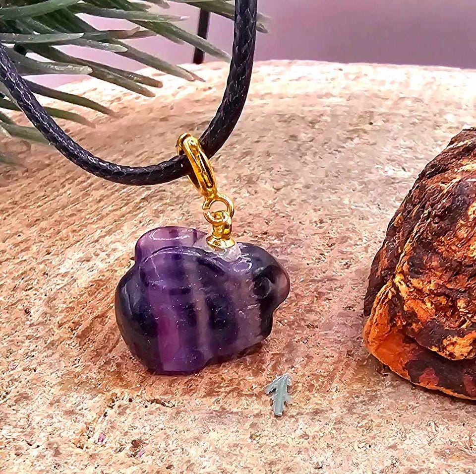 Nature Purple Fluorite Carved Cute Rabbit Pendant Necklace