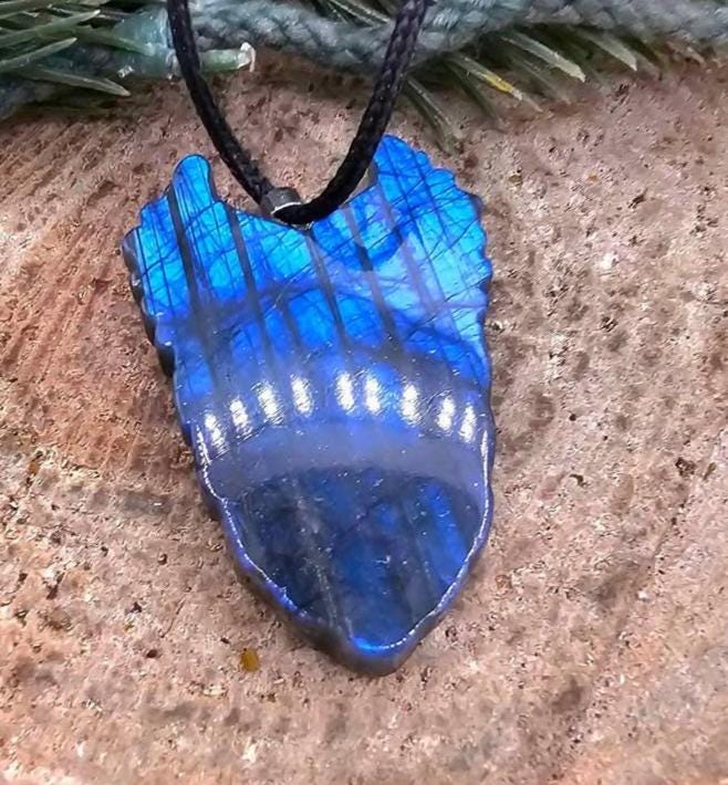 Nature Labradorite Carved Flashy Angel Wing Pendant Necklace