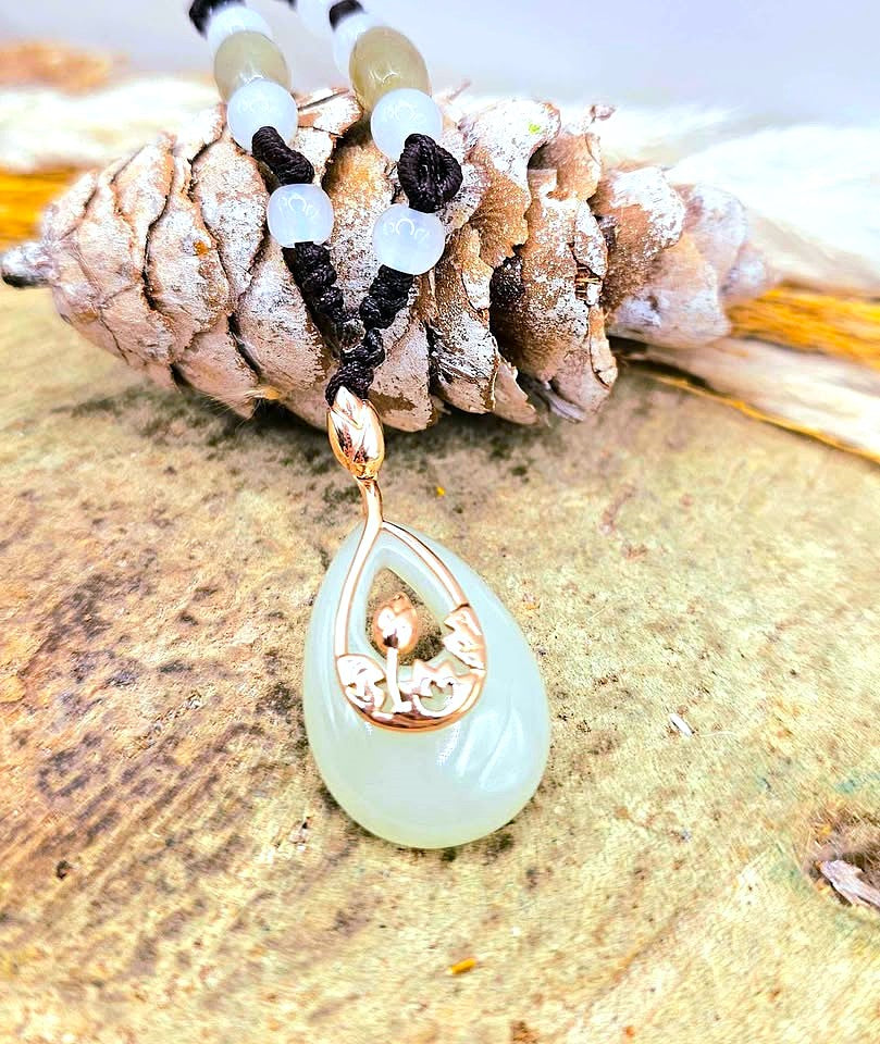 Natural jade teardrop pendant necklace, 10K rose gold lotus frame, photo 4 — My Aura Gemstones