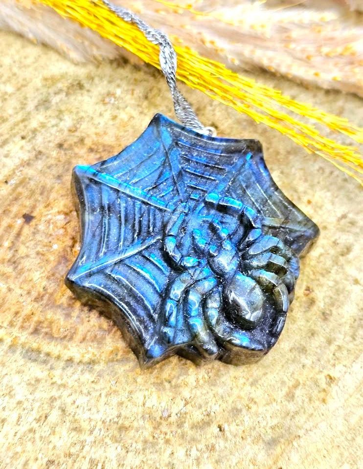Labradorite carved spider web pendant necklace, view 2 — My Aura Gemstones