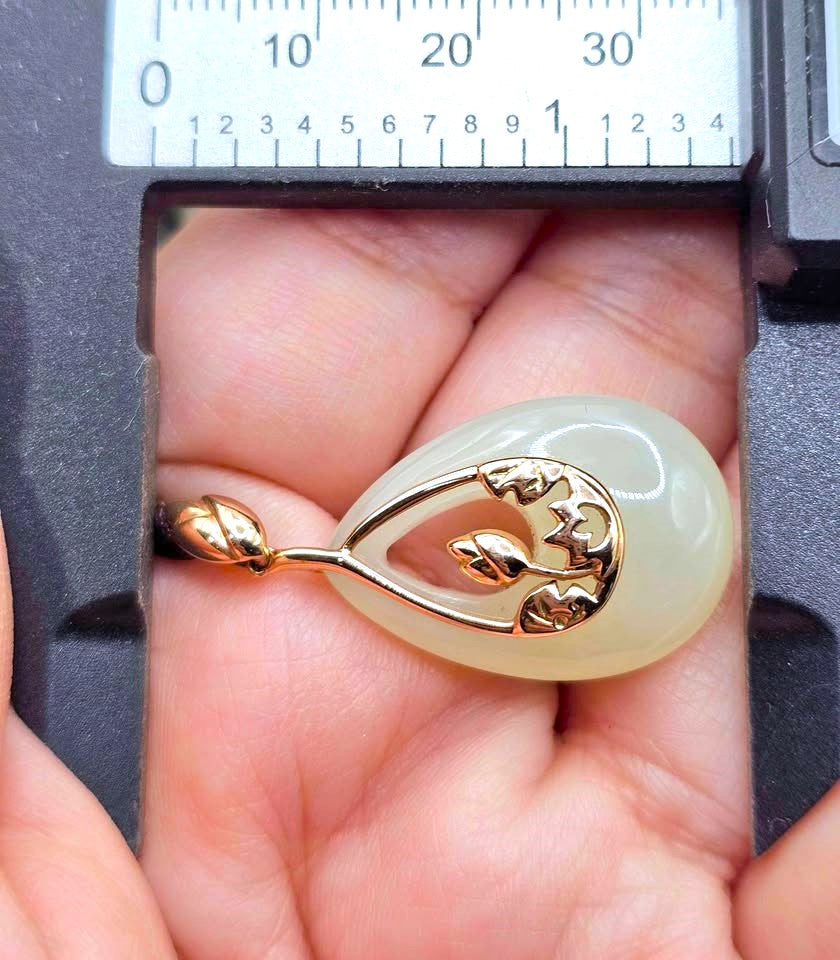 Natural jade teardrop pendant necklace, 10K rose gold lotus frame, photo 10 — My Aura Gemstones
