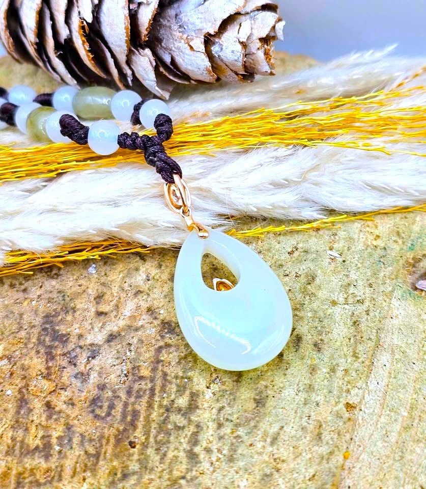 Natural jade teardrop pendant necklace, 10K rose gold lotus frame, photo 6 — My Aura Gemstones