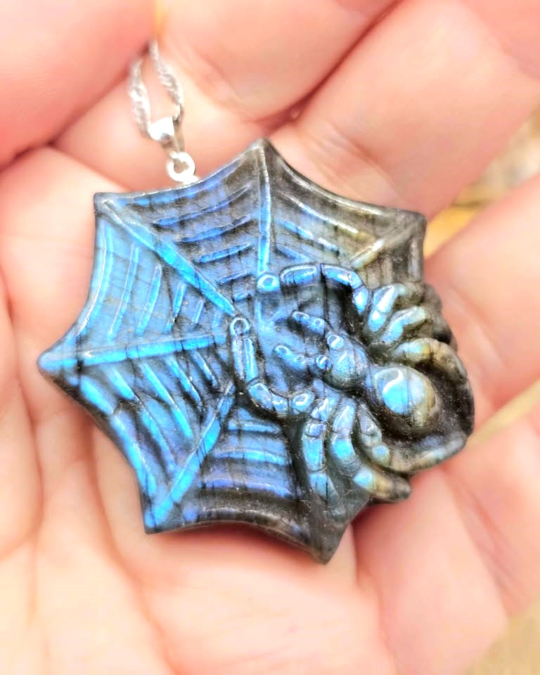 Labradorite carved spider web pendant necklace, view 3 — My Aura Gemstones