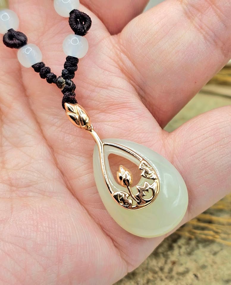 Natural jade teardrop pendant necklace, 10K rose gold lotus frame, photo 9 — My Aura Gemstones