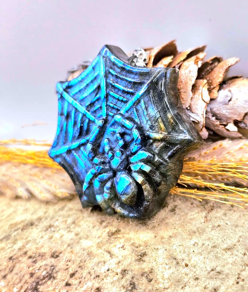 Labradorite carved spider web pendant necklace, view 4 — My Aura Gemstones