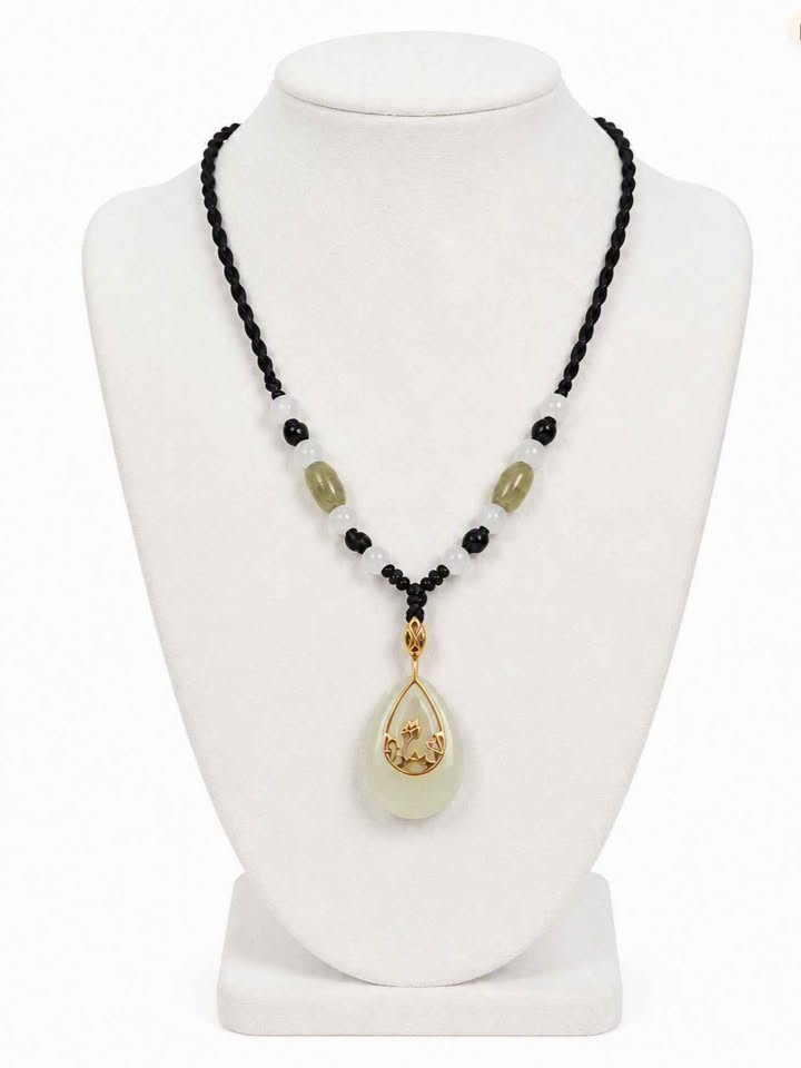 Natural jade teardrop pendant necklace, 10K rose gold lotus frame, photo 2 — My Aura Gemstones