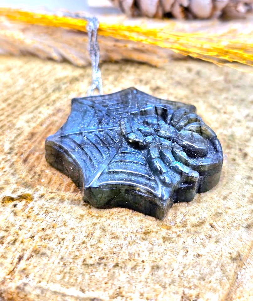 Labradorite carved spider web pendant necklace, view 5 — My Aura Gemstones