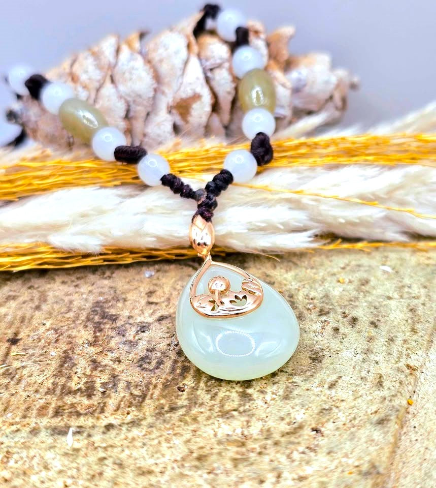 Natural jade teardrop pendant necklace, 10K rose gold lotus frame, photo 7 — My Aura Gemstones