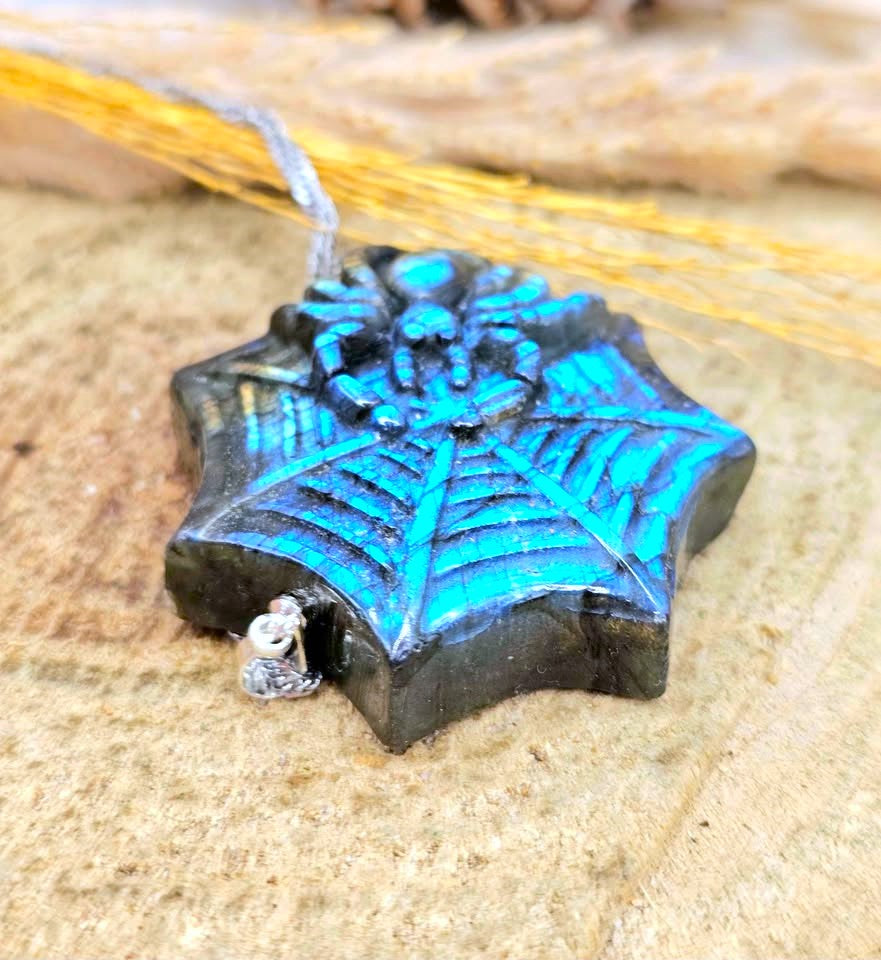Labradorite carved spider web pendant necklace, view 7 — My Aura Gemstones