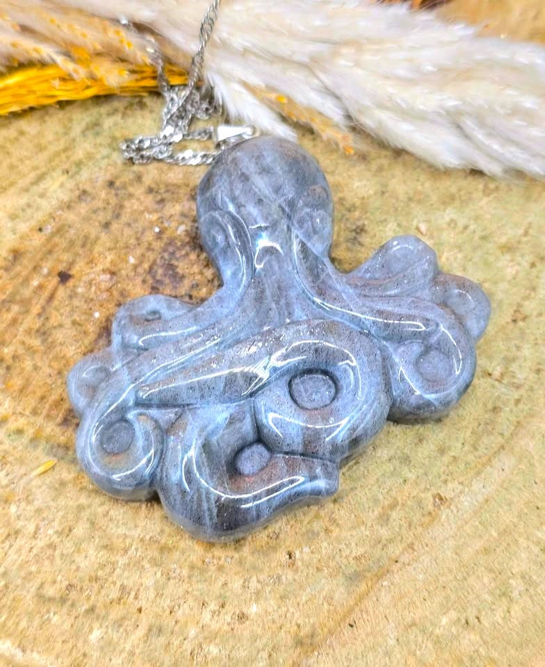 A carved octopus pendant made of glossy gray stone or resin, hanging from a silver chain, displayed on a textured tan surface with dried grass in the background.