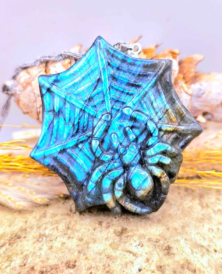 Labradorite carved spider web pendant necklace, view 1 — My Aura Gemstones