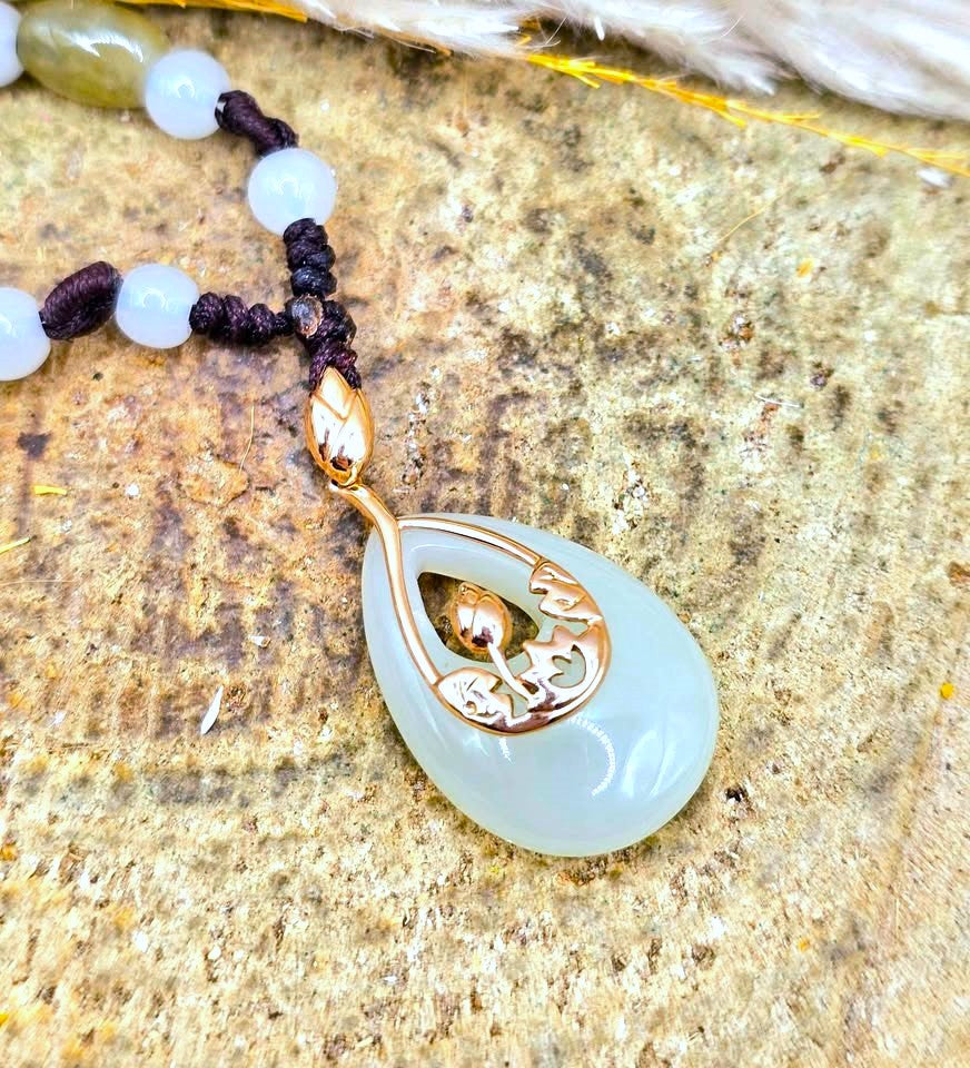 Natural jade teardrop pendant necklace, 10K rose gold lotus frame, photo 5 — My Aura Gemstones
